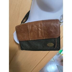 Vintage Aran Brown Leather & Wool Tweed Crossbody Bag Adjustable Strap old money